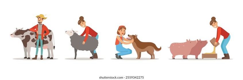 People Farmer Character Breeding Animal and Livestock Vector Set