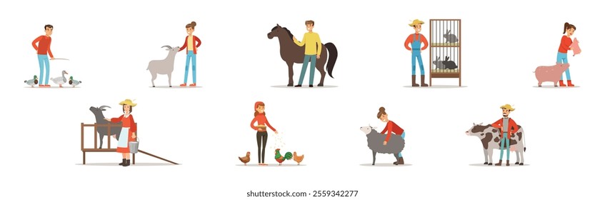 People Farmer Character Breeding Animal and Livestock Vector Set