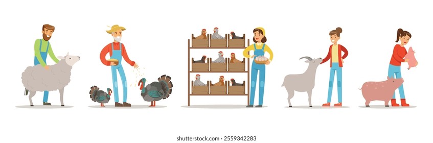 People Farmer Character Breeding Animal and Livestock Vector Set