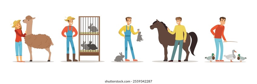 People Farmer Character Breeding Animal and Livestock Vector Set