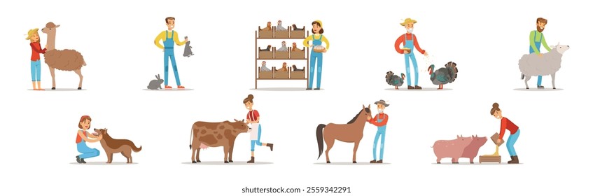 People Farmer Character Breeding Animal and Livestock Vector Set