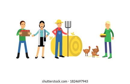 People Farmer Characters Gathering Agricultural Crops and Feeding Hens Vector Illustration Set