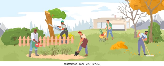 La gente agricultora trabaja en la ilustración vectorial del jardín. Hombre y mujer jardinera haciendo trabajo de temporada como riego, siembra, corte, azada, arreglando en otoño el fondo de la huerta