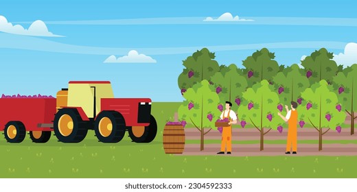 Trabajadores campesinos recolectando uvas cosechando bayas para la venta en el mercado agrícola concepto de ilustración de 2d vectores para banner, sitio web, ilustración, página de aterrizaje, volante, etc.