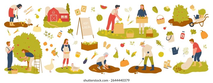 People farmers engaged in farming activities such as planting, harvesting, collecting fresh produce. Farm tools, fruits, vegetables, baskets. Eco-friendly, rural, organic farming vector illustration
