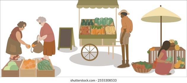 People at the farmers market elements vector. White vector local market ilustration