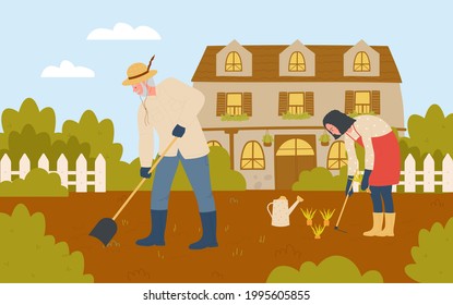 People farmers work in farm garden vector illustration. Cartoon gardener characters in rubber boots farming, man worker working with shovel, woman gardening, picking carrot vegetables background