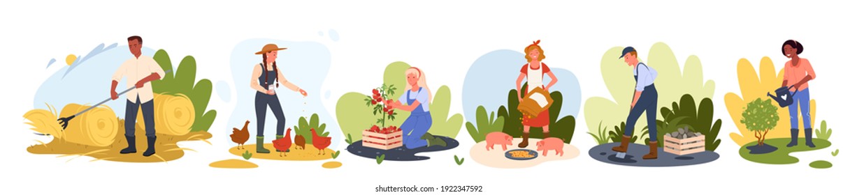 People Farming, Agriculture Works Vector Illustration. Cartoon Farmer Gardener Worker Man Woman Characters Do Garden Job, Watering Planting Growing Harvesting Vegetables And Fruits Isolated On White