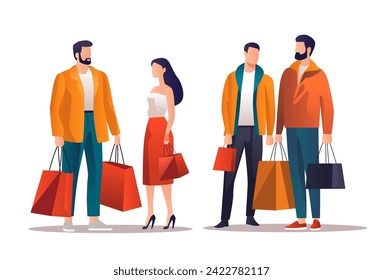 people in fashion clothes holding shopping bags season big sale special offer promotion discount horizontal full length