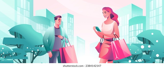 people in fashion clothes standing at city street characters with shopping bags walking outdoor season big sale special offer promotion discount