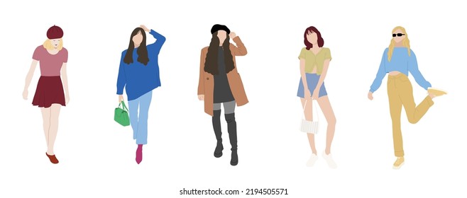 People in fashionable clothes flat vector illustrations set. Stylish female models isolated design elements on white background. Modern girls characters collection.