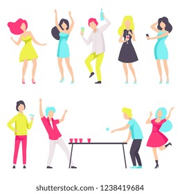 People in fashionable clothes resting and drinking cocktails at the nightclub vector Illustration on a white background