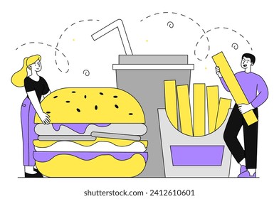 People with fast food linear concept. Man with french fries and woman with hamburger and soda. Cafe with unhealthy taeaway eating. Doodle flat vector illustration isolated on white background
