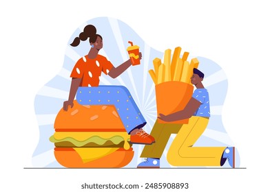 People with fast food. Man with French fries and woman with hamburger and soda. Guy and girl with takeaway eating. Street cafe. Cartoon vector illustration isolated on white background