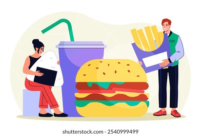 Personas con comida rápida. Hombre con papas fritas y mujer con bebida cerca de una hamburguesa enorme. Personas con comida para llevar. Menú de cafetería con comida chatarra. Ilustración vectorial plana aislada sobre fondo blanco