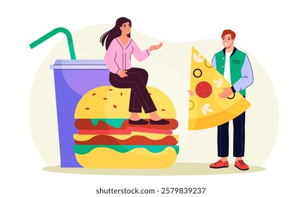 People with fast food. Man and woman with piece of pizza and hamburger near large cup of soda. Unhealthy and fatty eating. Fastfood and takeaway eating. Flat vector illustration