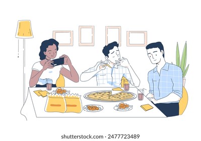 Personas con comida rápida. Hombres y mujeres con porciones de pizza y carne de pollo. Personajes comiendo comida para llevar. Amigos disfrutando de la cocina italiana. Ilustración vectorial lineal aislada sobre fondo blanco