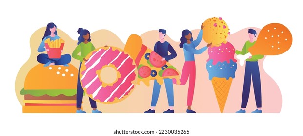 Gente con comida rápida. Hombres y mujeres con hamburguesas, donuts y pizza. Cafetería o menú de restaurante. Descanse después del trabajo o del estudio. Postre y delicadeza. Afiche o pancarta. Dibujo vectorial plano de dibujos animados