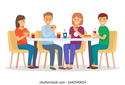 People in fast food restaurant for dinner or lunch. Friends and family eating out in cafe. Table with meals like hot dog, burger and soda. Men and women isolated on white. Vector illustration in flat