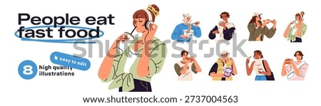 People with fast food set. Young men and women eat burgers, hot dogs, noodles, french fries and pizza, drink soda. Hungry boys and girls hold fastfood. Flat isolated vector illustrations on white