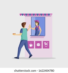 People and fast food stall flat vector illustration. Service satisfaction, farewell gesture. Male customer and female shop assistant cartoon characters isolated on white background