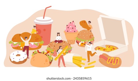 People and fast food. Teenagers with giant burger, pizza, french fries and ice cream. Young adults happy junk foods and drinks, snugly vector scene