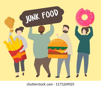 People with fatty junk food illustration
