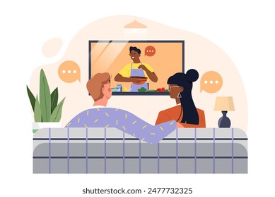 People with favorite television show. Man and woman sitting on sofa and watching TV. Evening leisure and entertainment. Couple watch televison together. Cartoon flat vector illustration