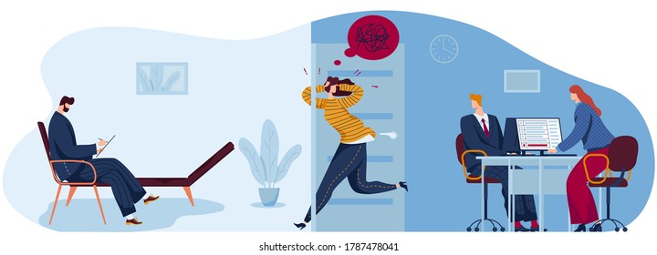 People in fear panic flat concept vector illustration. Cartoon panicking stressed woman character running to psychotherapist office for mental psychological help, work stress problem isolated on white