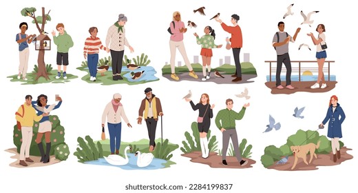 People feed birds. Happy men, women and children give grains and crumbs sparrows and tit, ducks on lake and seagulls, help animals, support urban fauna, cartoon flat tidy vector set