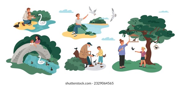 People feed birds. Happy parents and kids pour grains to pigeons and sparrows. Park pond with ducks. Persons give crumbs to seagulls and swans. Grandparent with child