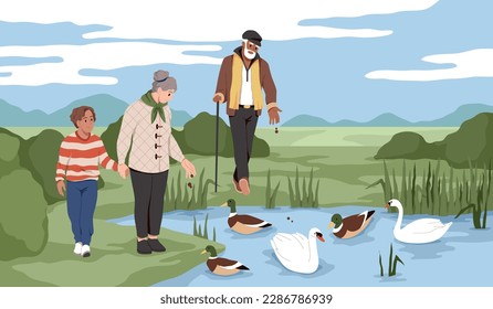 People feed ducks. Swans and drakes in the pond, walking grandfather, grandmother and grandson give food to birds, help animals, family leisure time, cartoon flat style tidy vector concept