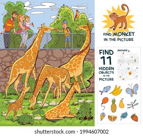 People feed giraffes at the zoo. Find monkey. Find 10 hidden objects in the picture. Puzzle Hidden Items. Funny cartoon character. Vector illustration. Set