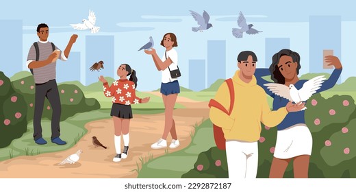 People feed pigeons. Walkers in park feed birds, happy guys and girls give grains and crumbs to doves and sparrows, men women and kids walking, cartoon flat style isolated tidy vector concept