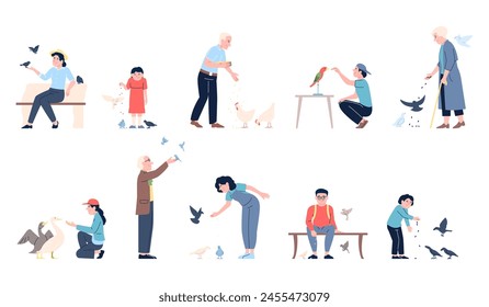 People feeding birds. Feed wild and domestic bird. Children, adults and old person with food for pigeons, gooses, chicken and parrot. Flat recent vector set