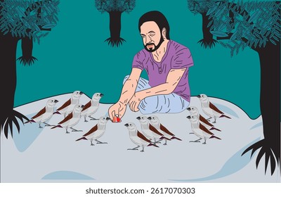 People are feeding birds vector