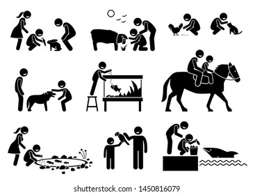 People feeding and interacting with domestic animals. Stick figure illustrations depict children feeding rabbit, sheep, chicken, fish, and dolphin. The boy also playing with cat, dog, horse, and bird.