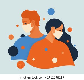 People feel anxiety and fear wearing medical masks to prevent disease, flu, air pollution, contaminated air, world pollution. Vector illustration flat style.