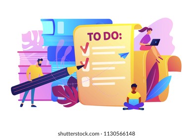 People Feel In Check Boxes In To Do List. Project Task Management It Concept. Software Development Process And Project Management Activities. Violet Palette. Vector Illustration On White Background