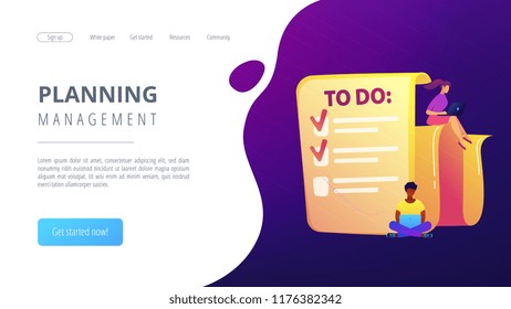People feel in check boxes in to do list. Project task management it concept. Software development process and project management activities. Violet palette. Website landing web page template.