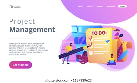 People feel in check boxes in to do list. Project task management it concept. Software development process and project management activities. Violet palette. Website landing web page template.