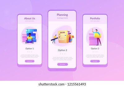 People feel in check boxes in to do list. Project task management it concept. Software development process and project management activities. Violet palette. Mobile UI UX app interface template.