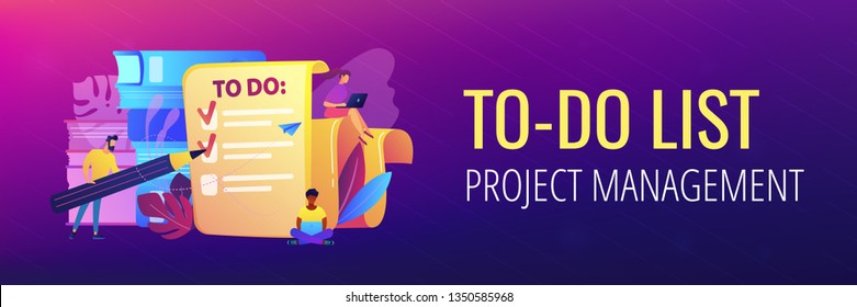 People feel in check boxes in to do list. Project task management it concept. Software development process and project management activities. Violet palette. Header or footer banner template.