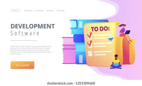 People feel in check boxes in to do list. Project task management it concept. Software development process and project management activities. Violet palette. Website landing web page template.