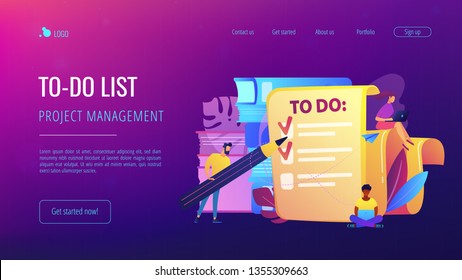 Die Leute fühlen sich in Kästchen ein, um Liste zu machen. Projektaufgabe Management it Konzept. Softwareentwicklung und Projektmanagement. Violettpalette. Website-Landing-Website-Vorlage.