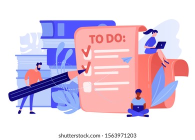 People feel in check boxes in to do list. Project task management it concept. Software development process and project management activities. Pinkish coral blue palette. Vector illustration on white