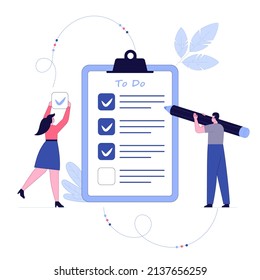 People feel in check boxes in to do list. Project task management IT concept. Software development process and project management activities. Vector illustration on white background