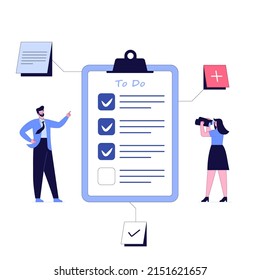 People feel in check boxes in to do list. Project task management IT concept. Software development process and project management activities. Vector illustration on white background