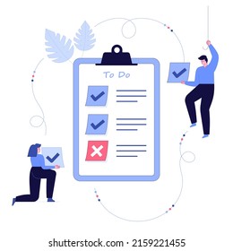 People feel in check boxes in to do list. Project task management IT concept. Software development process and project management activities. Vector illustration on white background