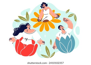 People feel happiness and harmony by sitting in buds of summer flowers, demonstrating positive thinking or absence of bad intentions. Man and two women enjoy harmony or wonderful day